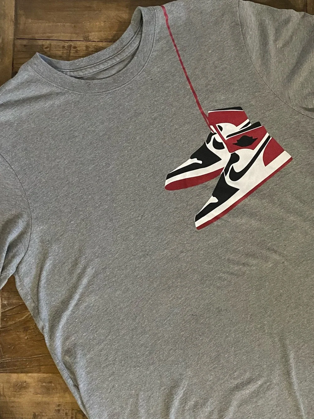 Jordan Men’s Gray Tee with Red & Black Nike Sneaker Print